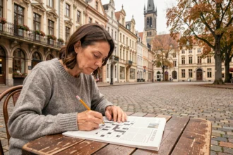 Femme belge résolvant des mots croisés dans un café de ville avec façades baroques en arrière-plan