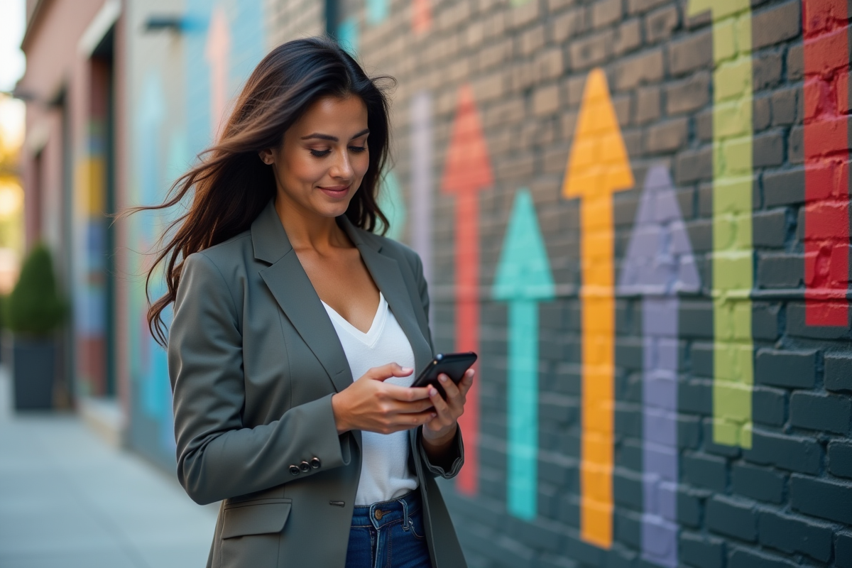 Jeune femme vérifiant ses données sur un mur urbain