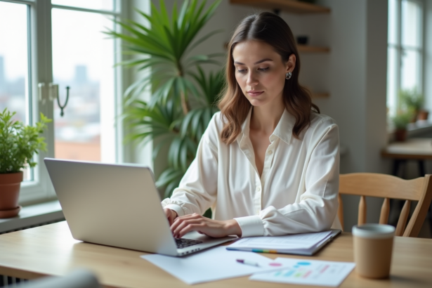 Femme professionnelle examine documents de prêt immobilier