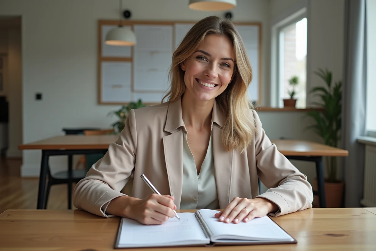 Femme organisée avec planner dans un intérieur moderne