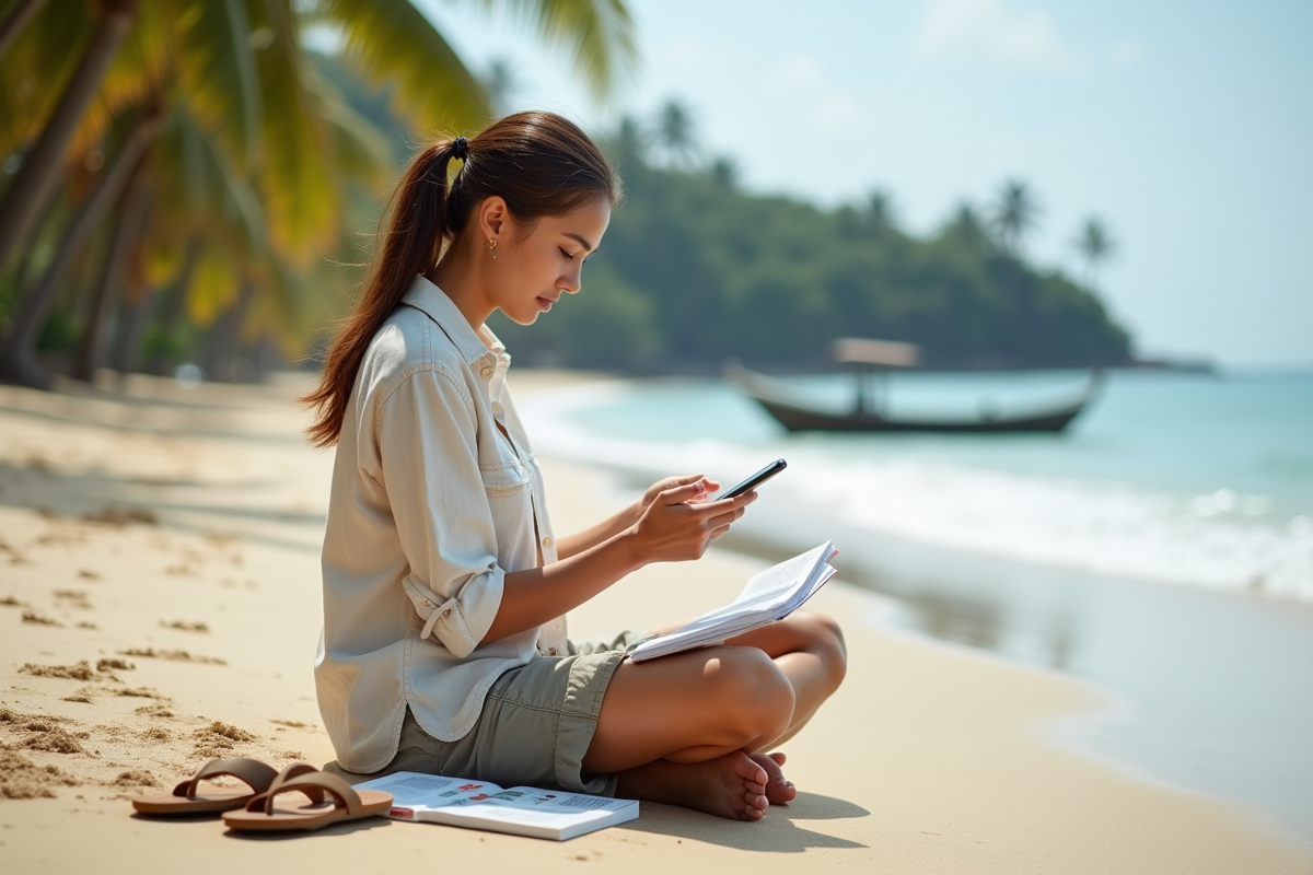 Jeune femme sur la plage de Bali compare prix sur smartphone