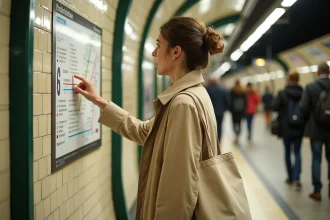 Femme consultant le plan du métro ligne 6 à Paris sur le quai d'une station aux carreaux blancs typiques
