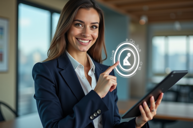 Femme d affaires souriante pointant un symbole de marque