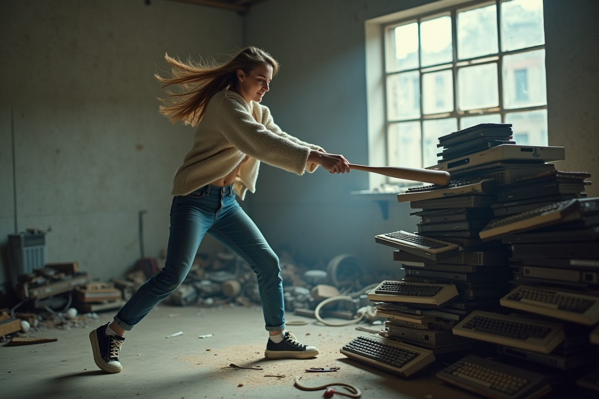 Femme en jeans et sweater frappant un clavier dans une salle de rage