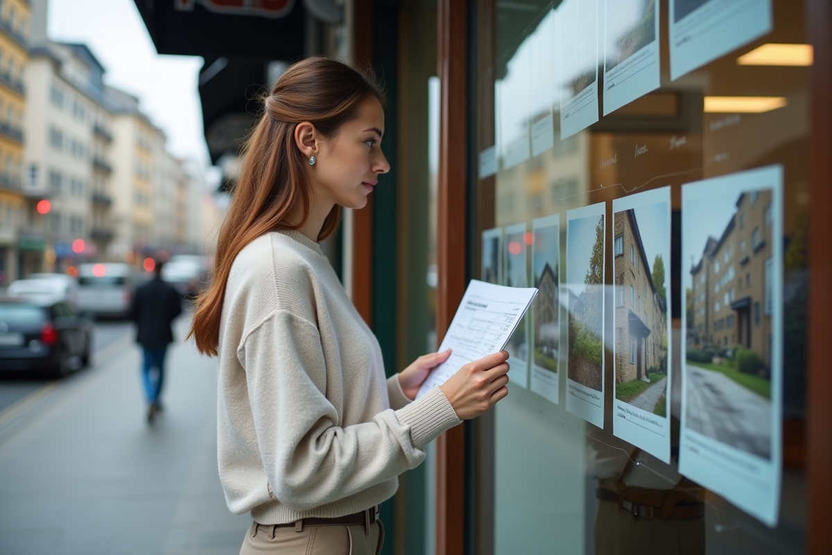 Jeune femme regardant des annonces immobilières devant une agence