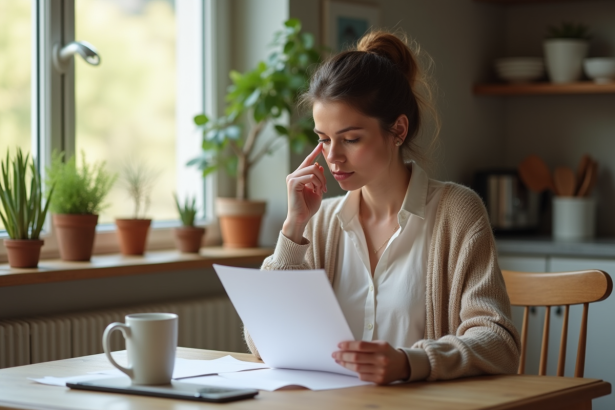 Femme pensant avec lettre à la maison dans un cadre domestique