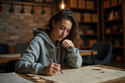 Jeune femme analysant des indices et cartes dans une salle d'escape game pour résoudre un niveau difficile