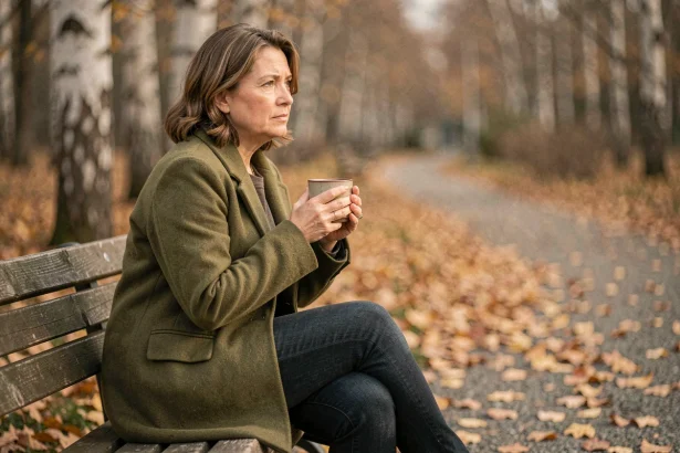 Femme seule assise sur un banc en automne, tenant une tasse, regard pensif et mélancolique dans un parc aux feuilles dorées
