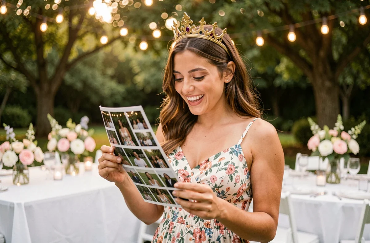 Jeune femme découvrant son strip photo souvenir imprimé à la sortie d'une borne photomaton en location pour anniversaire en jardin