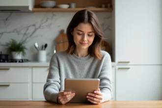 Femme tenant une tablette 8 pouces à deux mains dans une cuisine moderne, comparaison taille écran