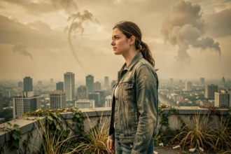 Jeune femme contemplant un ciel post-apocalyptique depuis les toits d'une ville abandonnée, illustrant le film de science-fiction IO