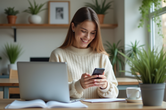 Femme souriante travaillant à son bureau à domicile