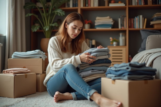 Jeune femme triant des vêtements usés dans son salon