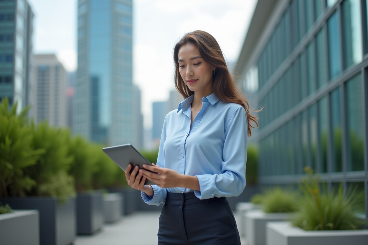 Jeune femme en extérieur tenant une tablette avec graphiques financiers