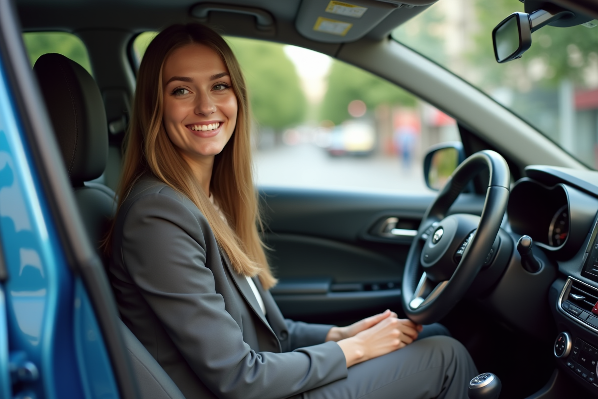 Femme souriante dans la voiture en ville