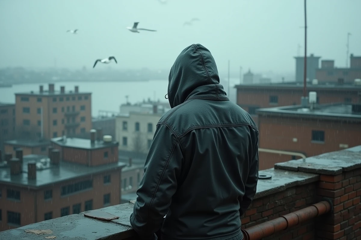 Silhouette d’un homme sur un toit urbain avec mouettes