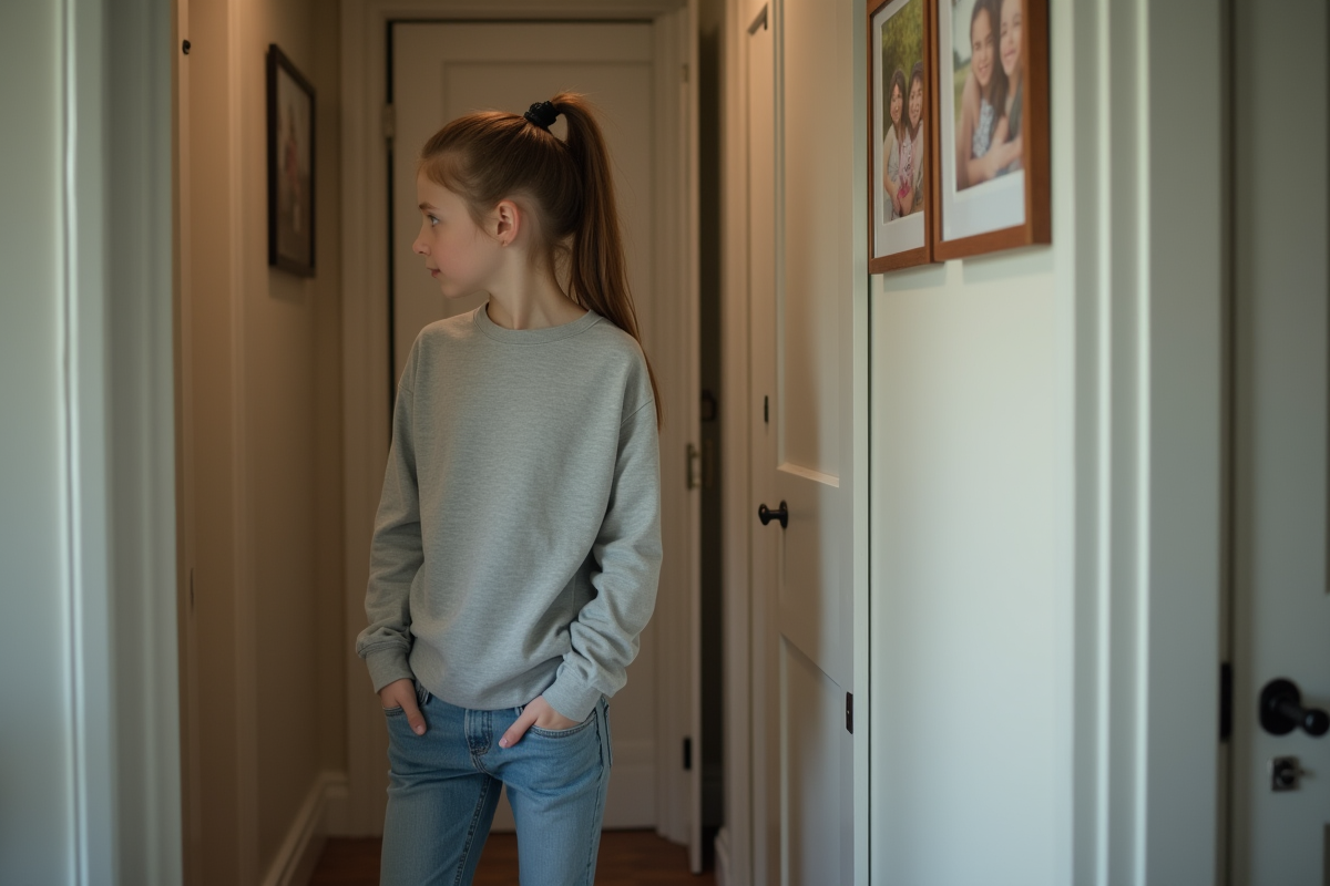Fille adolescente dans un couloir avec photos de famille