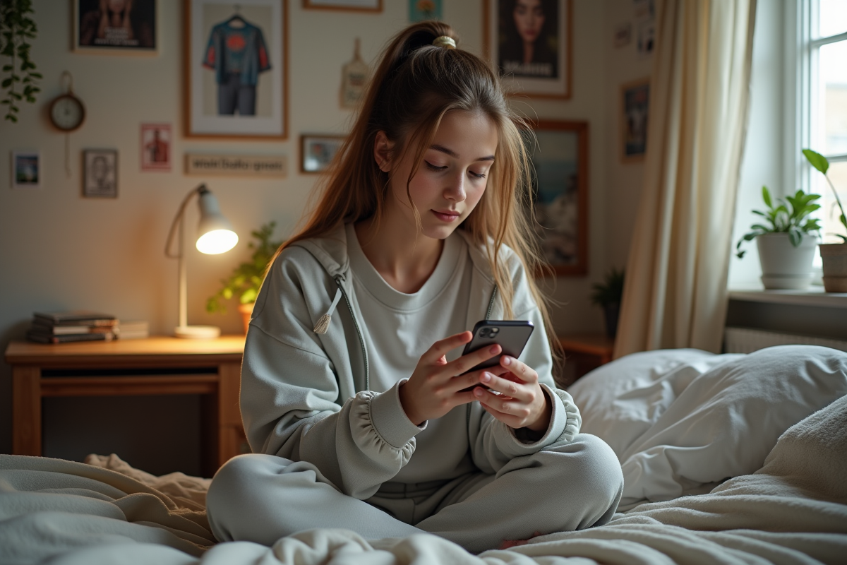 Jeune fille en intérieur regardant son téléphone pour s