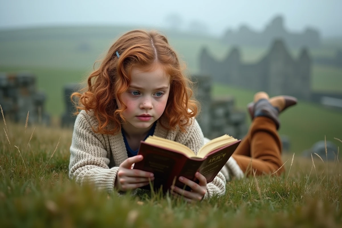 Fille lisant Harry Potter dans la nature verte