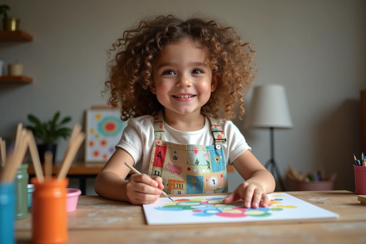 Jeune fille souriante peignant sur une toile à numéros