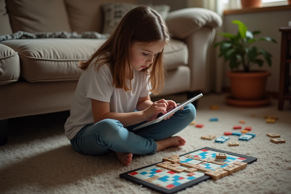 Adolescente jouant aux Scrabble sur le tapis du salon