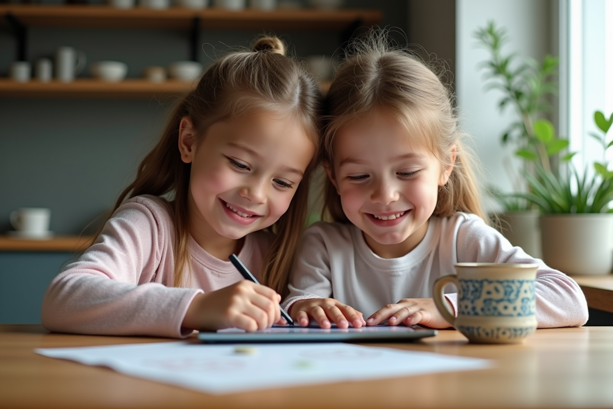 Deux filles partageant un dessin sur une tablette dans la cuisine moderne