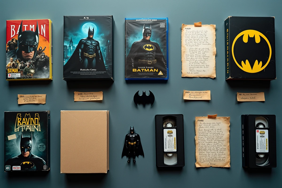 Flat lay de collections de films Batman représentant différentes générations et continuités cinématographiques