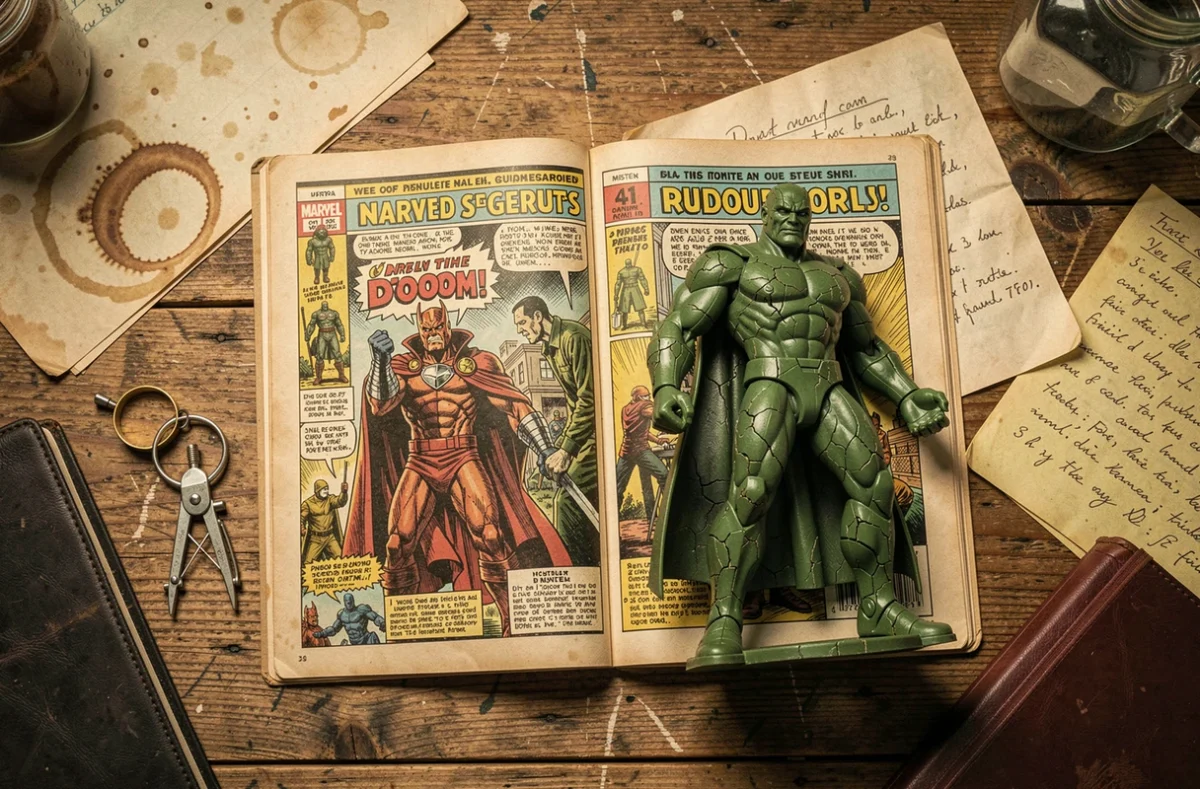Flat lay de comics vintage Marvel avec figurine Docteur Doom et notes manuscrites sur un bureau en bois
