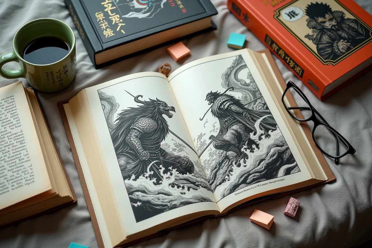 Vue de dessus de mangas ouverts sur des illustrations d'action fantastique asiatique avec des accessoires de lecture sur tissu lin