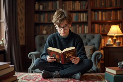 Jeune garçon lisant Harry Potter dans un bureau cosy