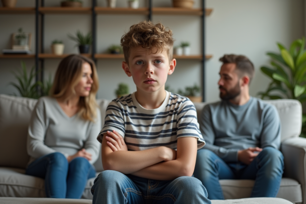 Garçon preteen assis sur un canapé familial en hésitation