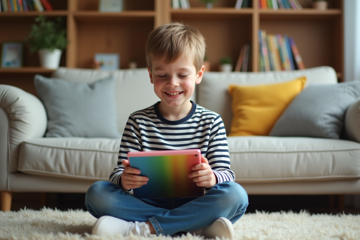 Garçon souriant utilisant une tablette colorée dans un salon chaleureux