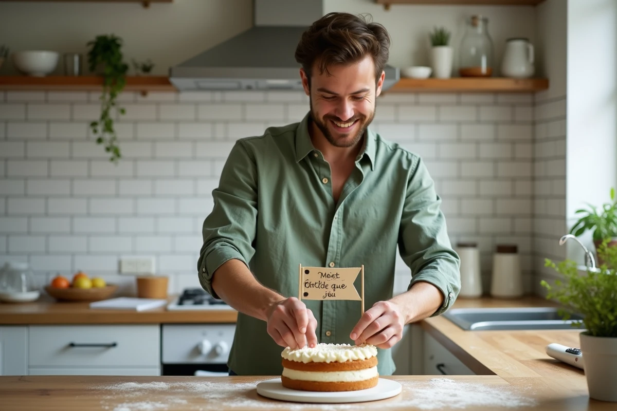 Homme préparant un gâteau d'anniversaire tardif avec une pancarte humoristique dans une cuisine rustique lumineuse