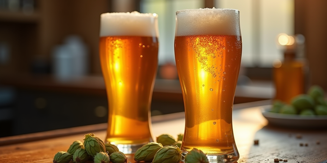Verre de Glof IPA sur un comptoir en bois avec mousse et condensation