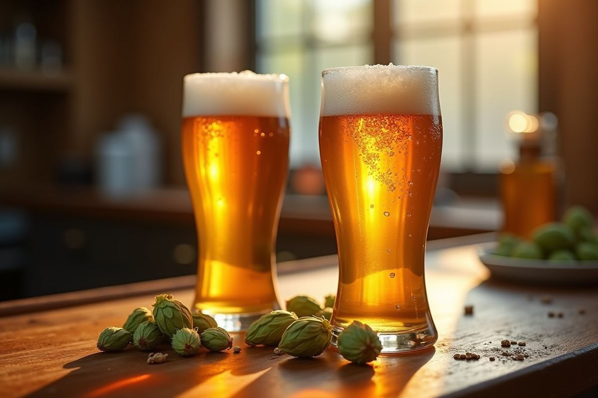 Verre de Glof IPA sur un comptoir en bois avec mousse et condensation