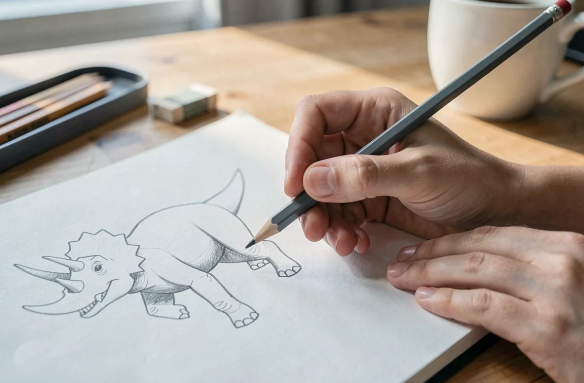 Gros plan de mains tenant un crayon pour dessiner un dinosaure Tricératops étape par étape dans un carnet