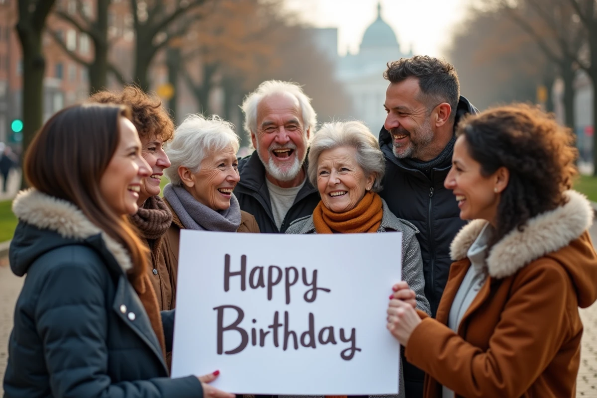 Groupe de célébrités diverses partageant un anniversaire en plein air