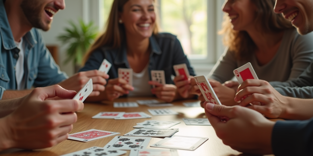 Groupe d'amis jouant au SkipBo autour d'une table en journée
