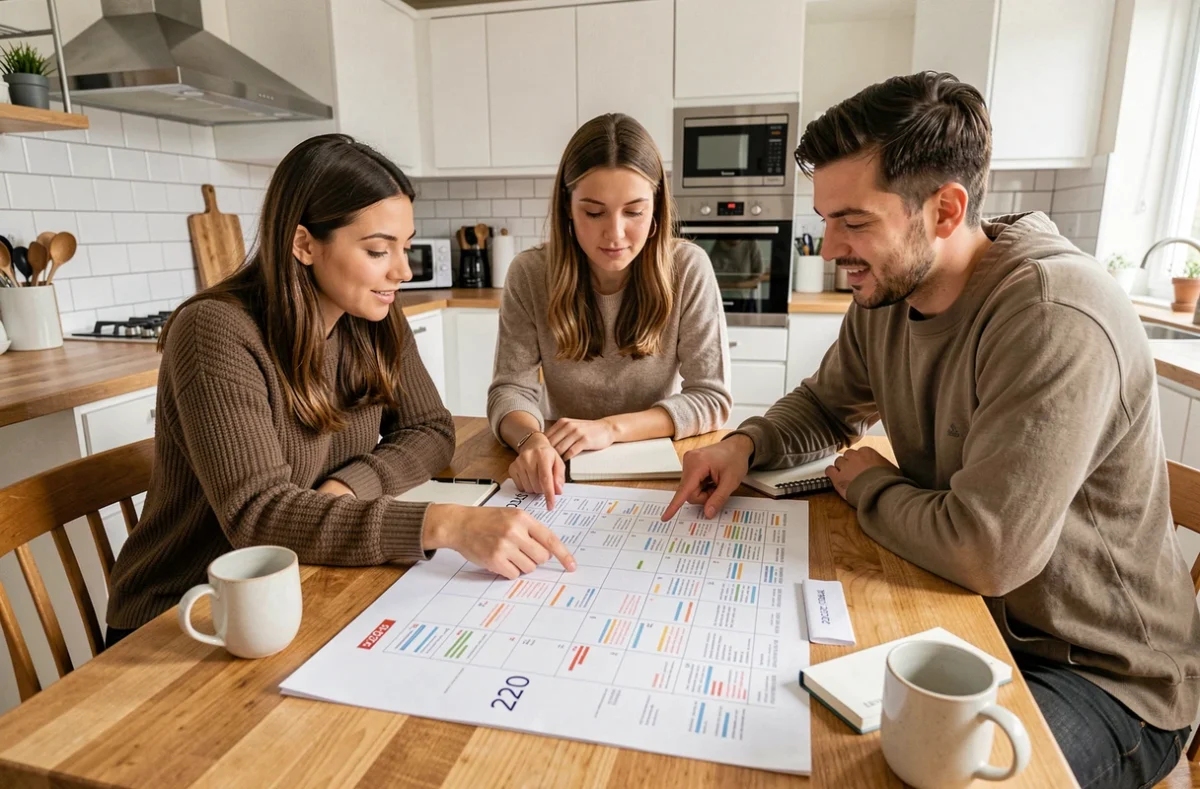 Groupe d'adultes autour d'un calendrier annuel 2026 pour coordonner rendez-vous et activités sur les semaines paires