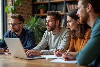 Groupe de professionnels en coworking analysant des données
