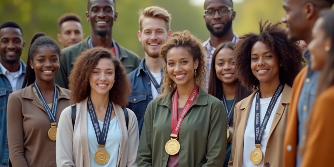 Groupe diversifié avec médailles pour leur réussite