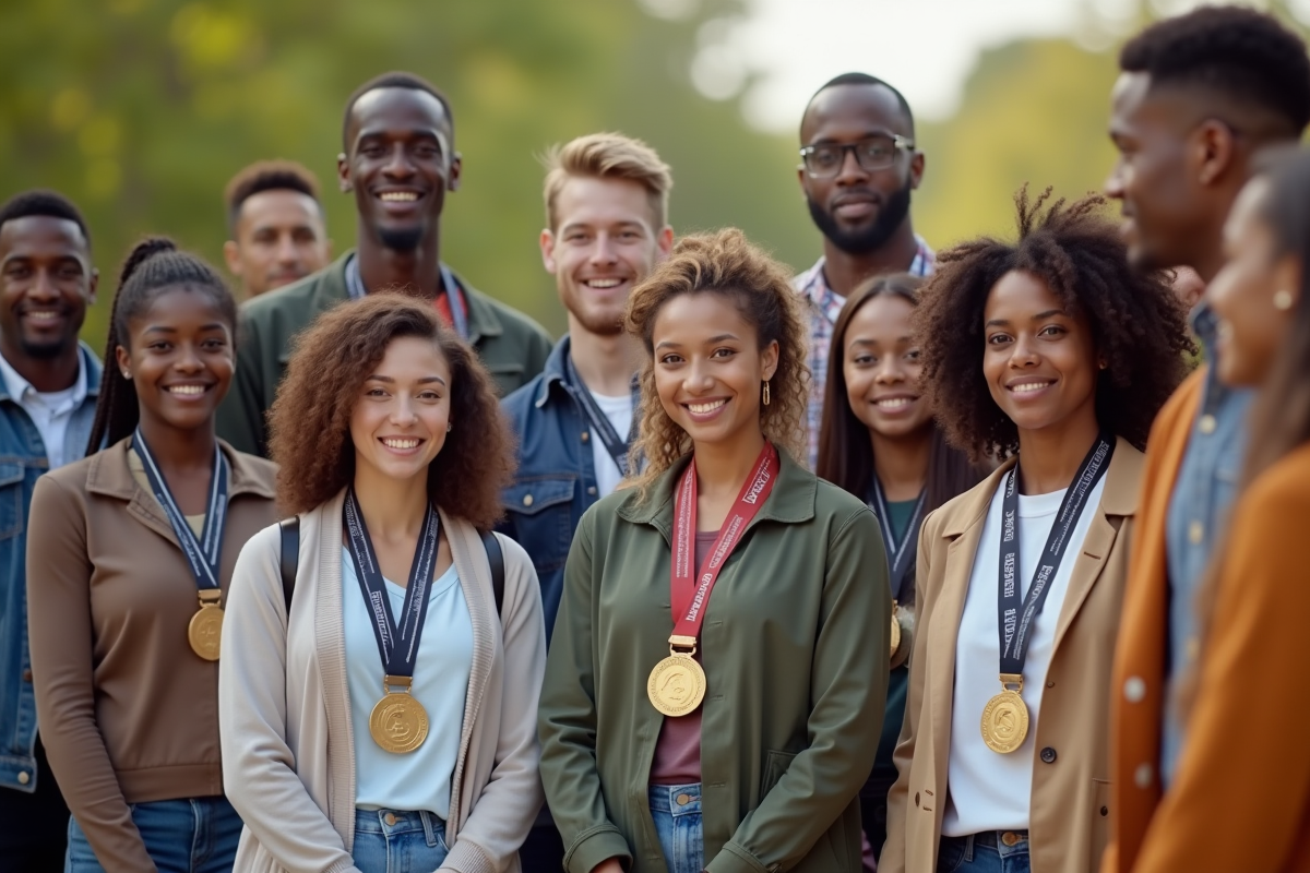 Groupe diversifié avec médailles pour leur réussite
