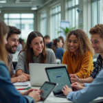 Groupe d'étudiants divers utilisant un portail numérique