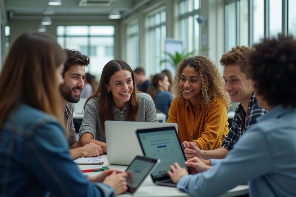 Groupe d'étudiants divers utilisant un portail numérique