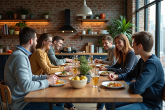 Groupe de jeunes adultes partageant un repas convivial dans une cuisine moderne