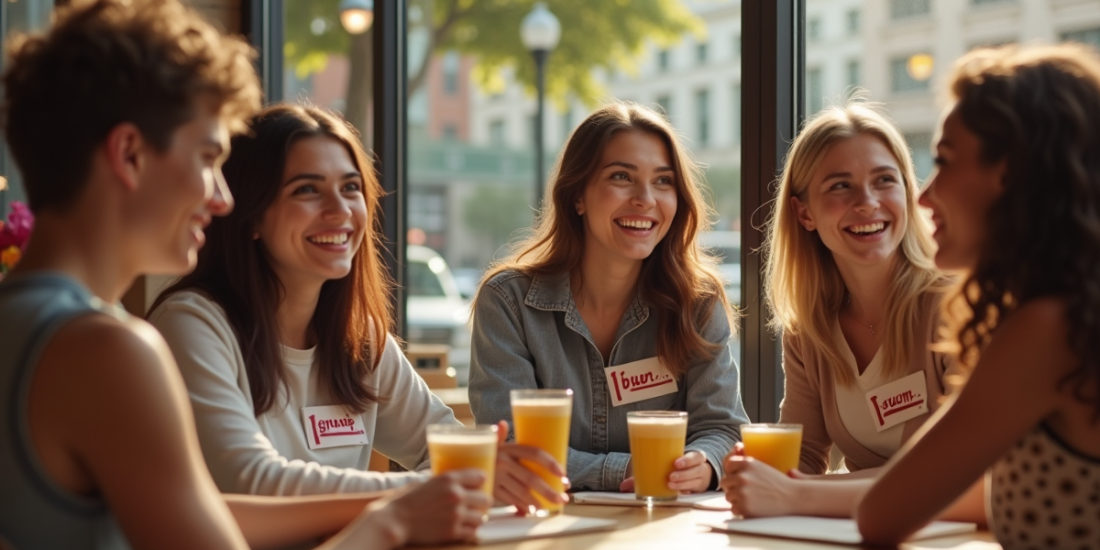 Groupe de jeunes adultes souriants dans un café ensoleille