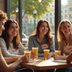 Groupe de jeunes adultes souriants dans un café ensoleille