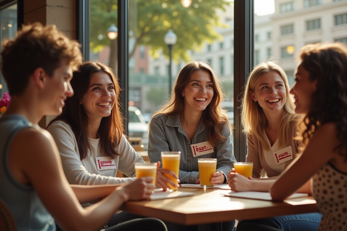 Groupe de jeunes adultes souriants dans un café ensoleille