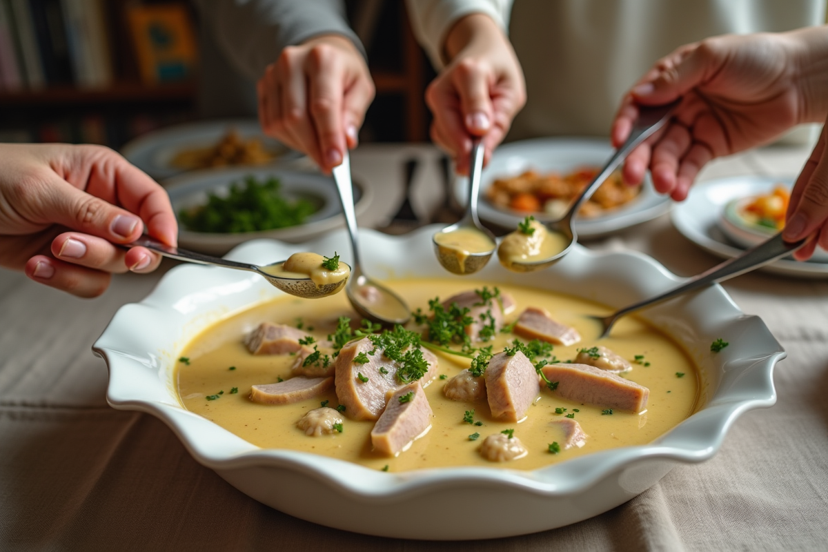Groupe de mains partageant une blanquette de dinde