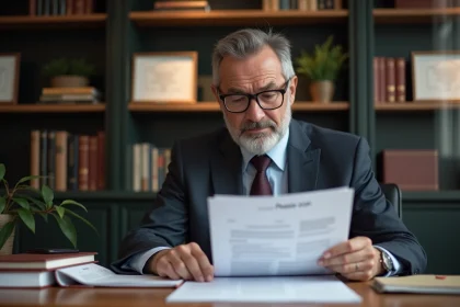 Homme d'affaires en costume examine documents Phoenix scan